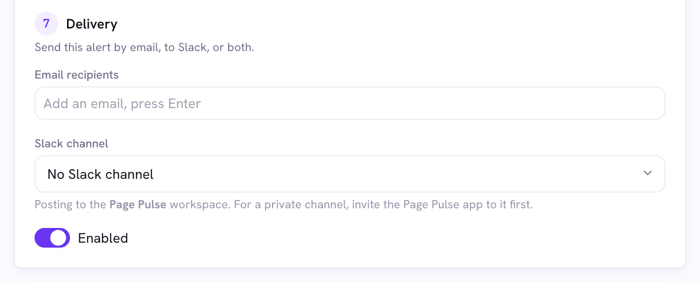 The Delivery section of the alert editor with the Slack channel picker