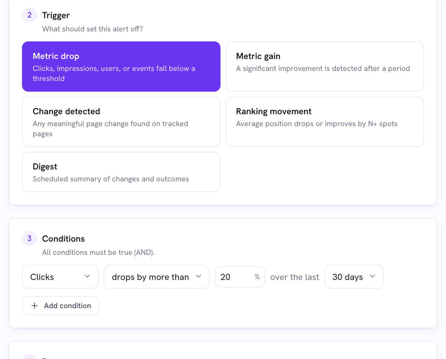 The alert editor showing trigger types and a condition row