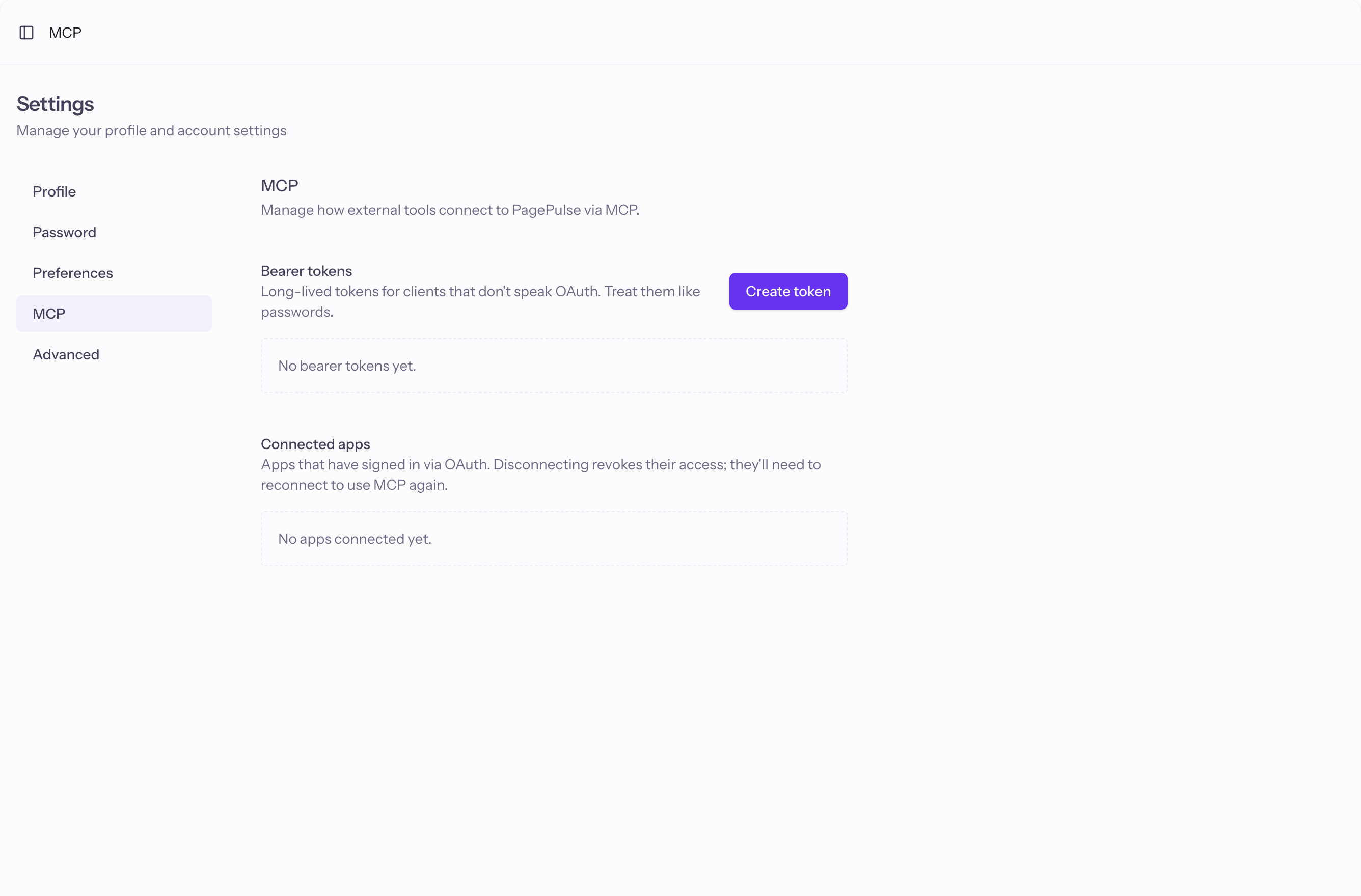 The MCP settings page with bearer tokens and connected apps