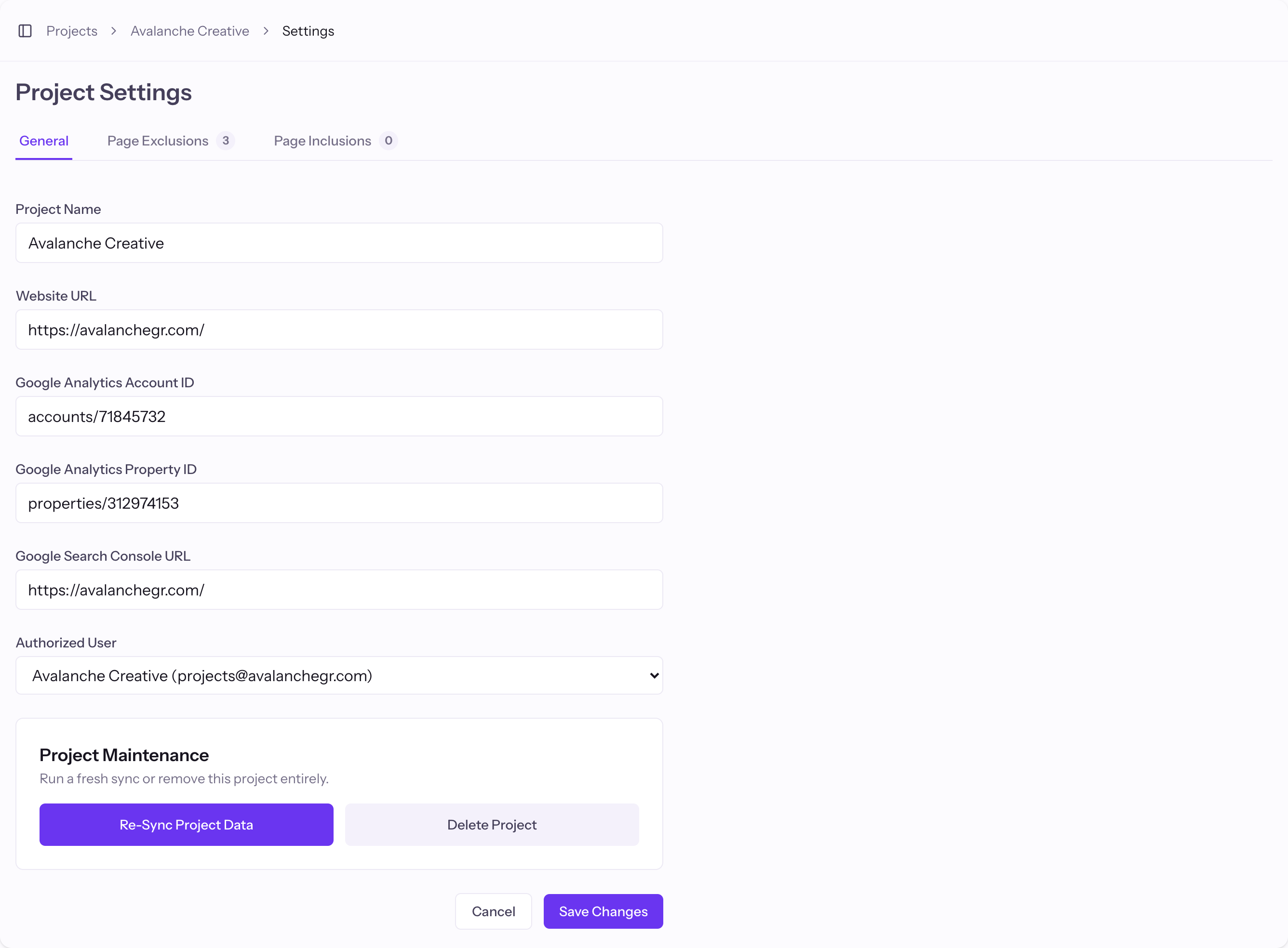 Project Settings with the Project Maintenance panel