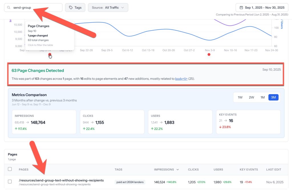 filter to specific page for page change metrics page pulse
