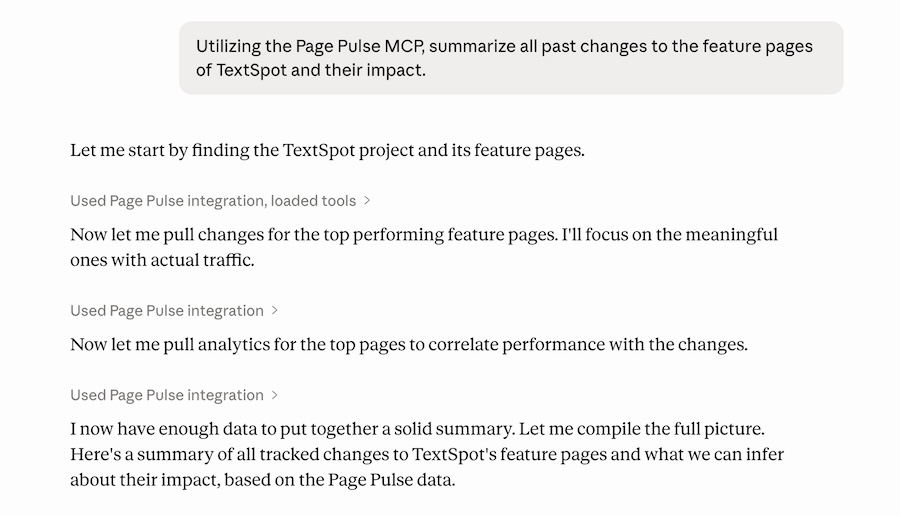 summarize page change data with Claude in Page Pulse MCP